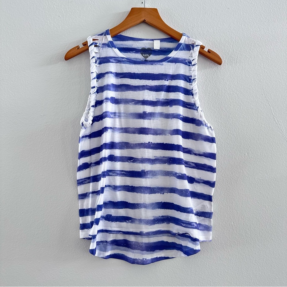 Modern Lux Blue and White Striped Relaxed Sleeveless Tank Top, size XS